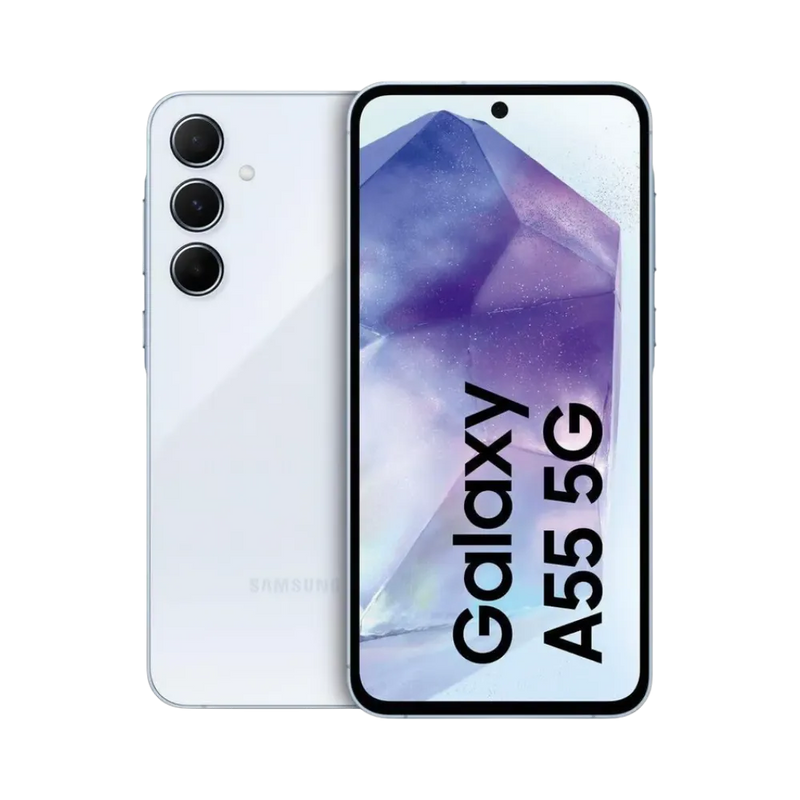 Samsung Galaxy A55 5G blanc vu de face et de dos – réparation écran AMOLED, remplacement batterie et vitre arrière avec iTelier Lyon – diagnostic gratuit, service express, garantie pièces 1 an.