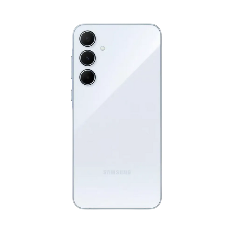 Dos blanc Samsung Galaxy A55 5G avec triple caméra – réparation vitre arrière endommagée, changement batterie et restauration esthétique par iTelier Lyon – expertise locale, garantie 1 an.