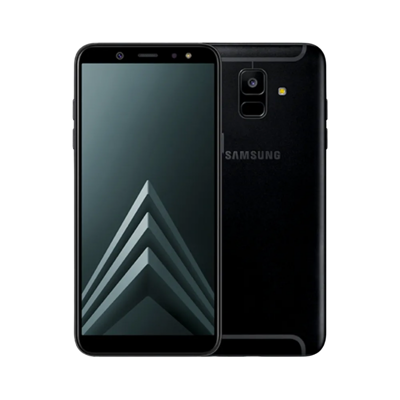 Samsung Galaxy A6+ 2018 noir vu de face et de dos – réparation écran Super AMOLED, remplacement batterie et vitre arrière avec iTelier Lyon – diagnostic gratuit, service rapide, garantie pièces et main-d’œuvre.