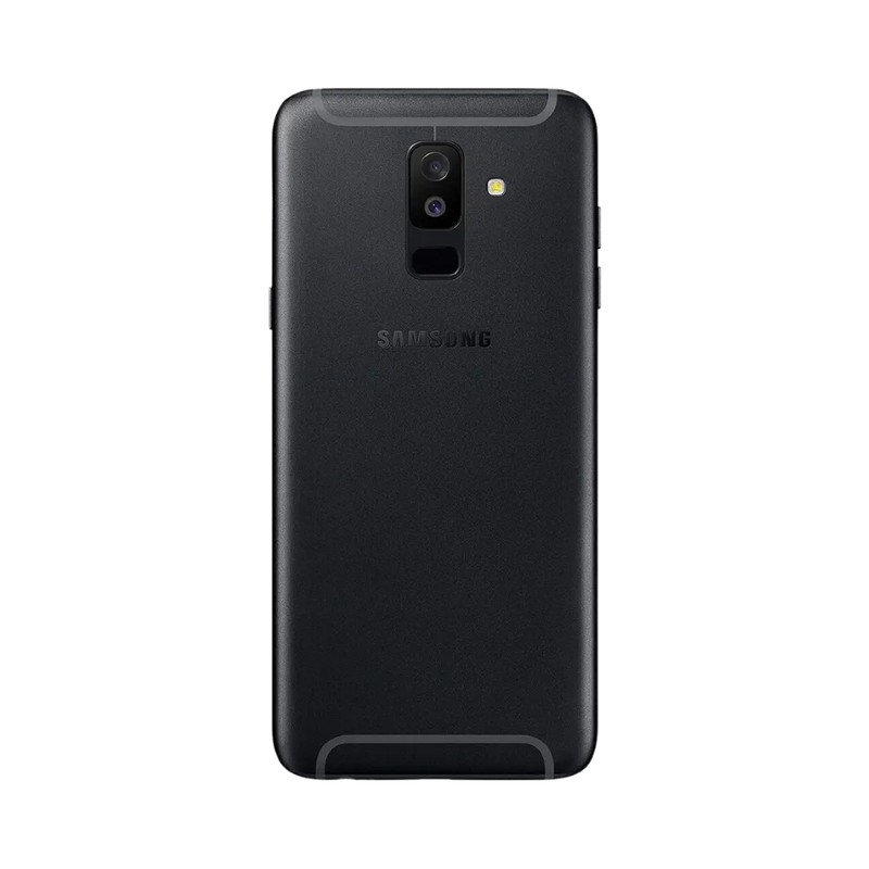 Dos noir Samsung Galaxy A6+ 2018 avec double caméra et capteur d’empreintes – réparation vitre arrière cassée, changement batterie et restauration esthétique par iTelier Lyon – expertise locale, diagnostic offert, garantie 1 an.