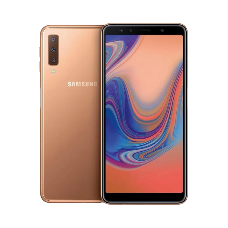 Samsung Galaxy A7 2018 or vu de face et de dos – réparation écran Super AMOLED, remplacement batterie et vitre arrière avec iTelier Lyon – diagnostic gratuit, service express, garantie pièces et main-d’œuvre.