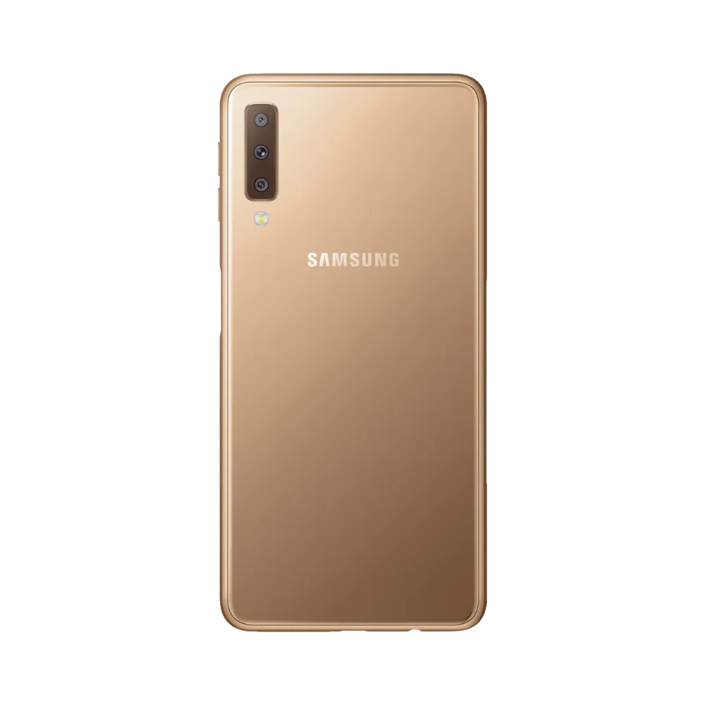 Dos or Samsung Galaxy A7 2018 avec triple caméra verticale – réparation vitre arrière cassée, changement batterie et restauration esthétique par iTelier Lyon – expertise locale, diagnostic offert, garantie 1 an.