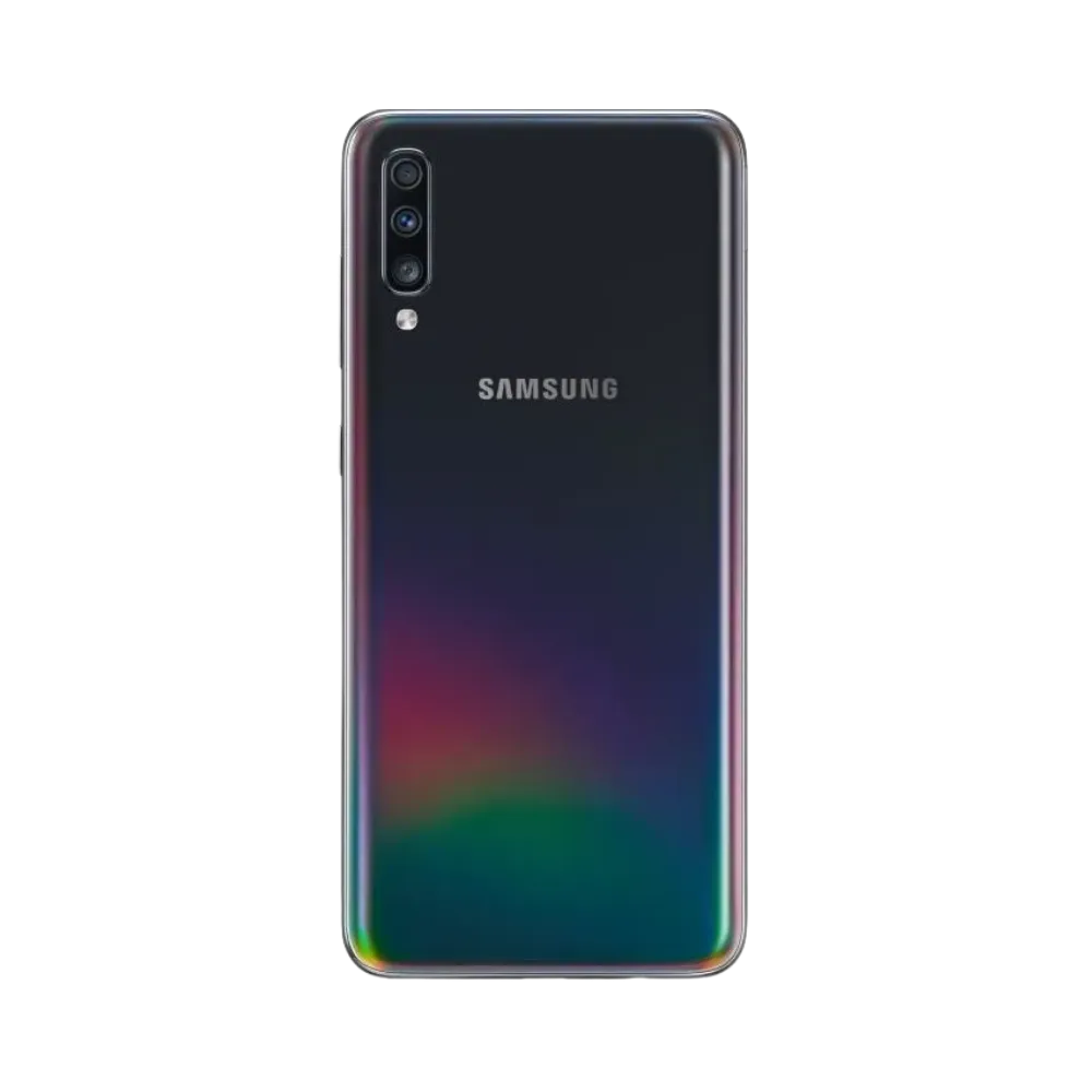 Dos noir irisé Samsung Galaxy A70 avec triple appareil photo – réparation vitre arrière brisée, changement batterie et restauration esthétique par iTelier Lyon – service expert et garanti 1 an.