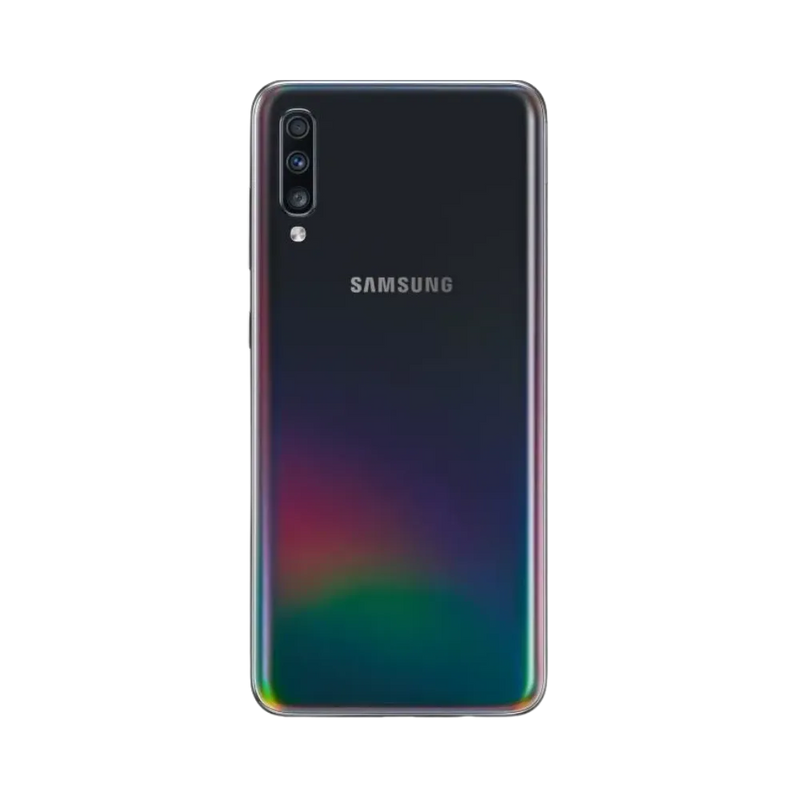 Dos noir irisé Samsung Galaxy A70 avec triple appareil photo – réparation vitre arrière brisée, changement batterie et restauration esthétique par iTelier Lyon – service expert et garanti 1 an.