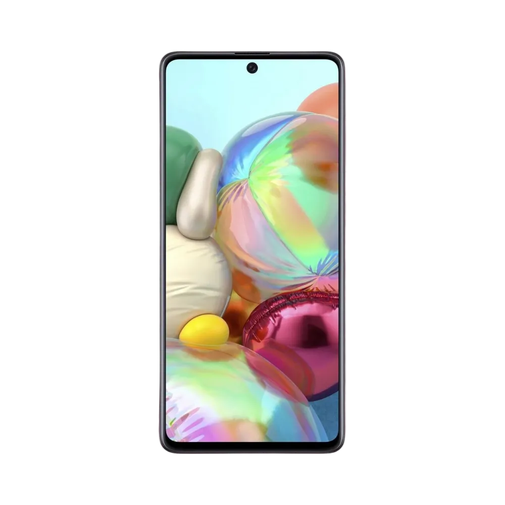 Samsung Galaxy A71 bleu vu de face et de dos – réparation écran AMOLED, changement batterie et vitre arrière avec iTelier Lyon – diagnostic offert, garantie 1 an, service rapide en boutique ou par envoi.