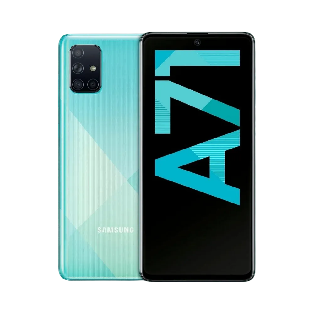 Samsung Galaxy A71 bleu vu de face et de dos – réparation écran AMOLED, changement batterie et vitre arrière avec iTelier Lyon – diagnostic offert, garantie 1 an, service rapide en boutique ou par envoi.