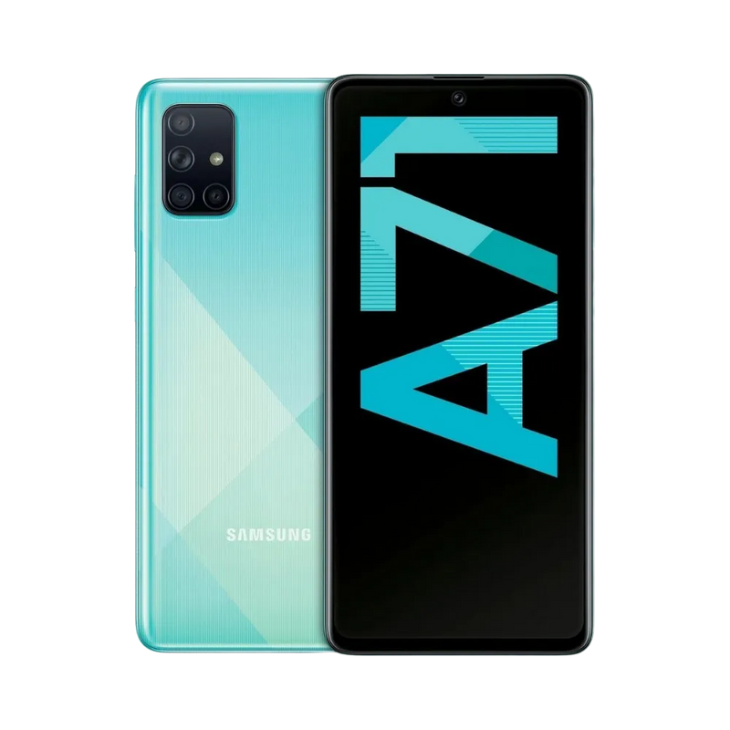 Samsung Galaxy A71 bleu vu de face et de dos – réparation écran AMOLED, changement batterie et vitre arrière avec iTelier Lyon – diagnostic offert, garantie 1 an, service rapide en boutique ou par envoi.