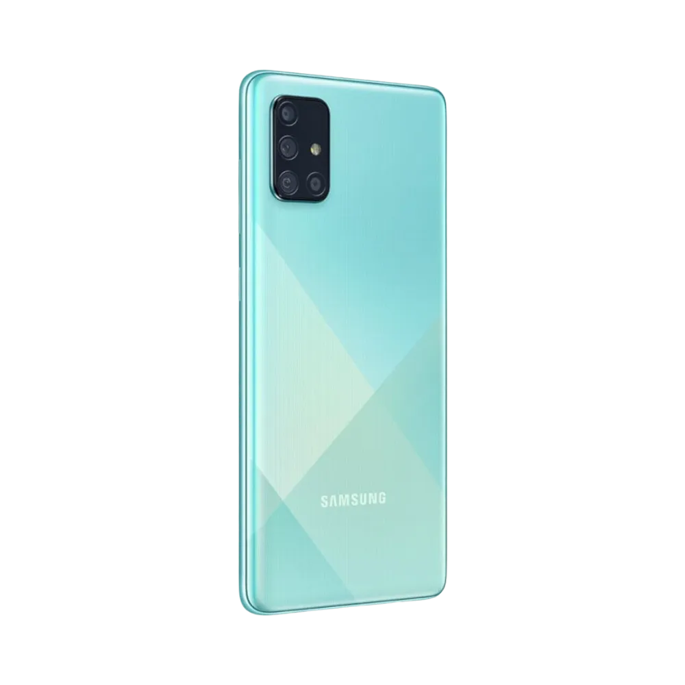 Dos turquoise Samsung Galaxy A71 avec module photo – réparation vitre arrière fissurée, changement batterie et restauration complète par iTelier Lyon – service professionnel garanti 1 an.