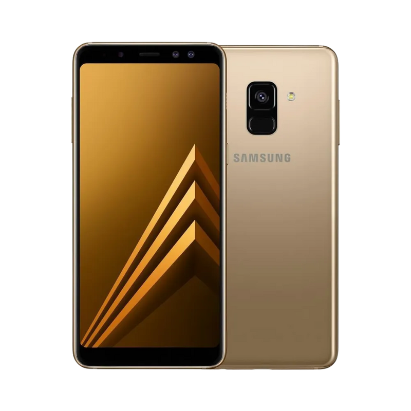 Samsung Galaxy A8 2018 or vu de face et de dos – réparation écran Super AMOLED, remplacement batterie et vitre arrière avec iTelier Lyon – diagnostic gratuit, service rapide, garantie pièces et main-d’œuvre.