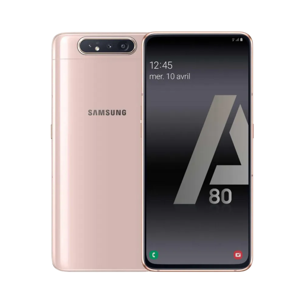 Samsung Galaxy A80 noir et rose vu de face et de dos – réparation écran, batterie et vitre arrière avec iTelier à Lyon – service express garanti 1 an, diagnostic gratuit, envoi France entière.