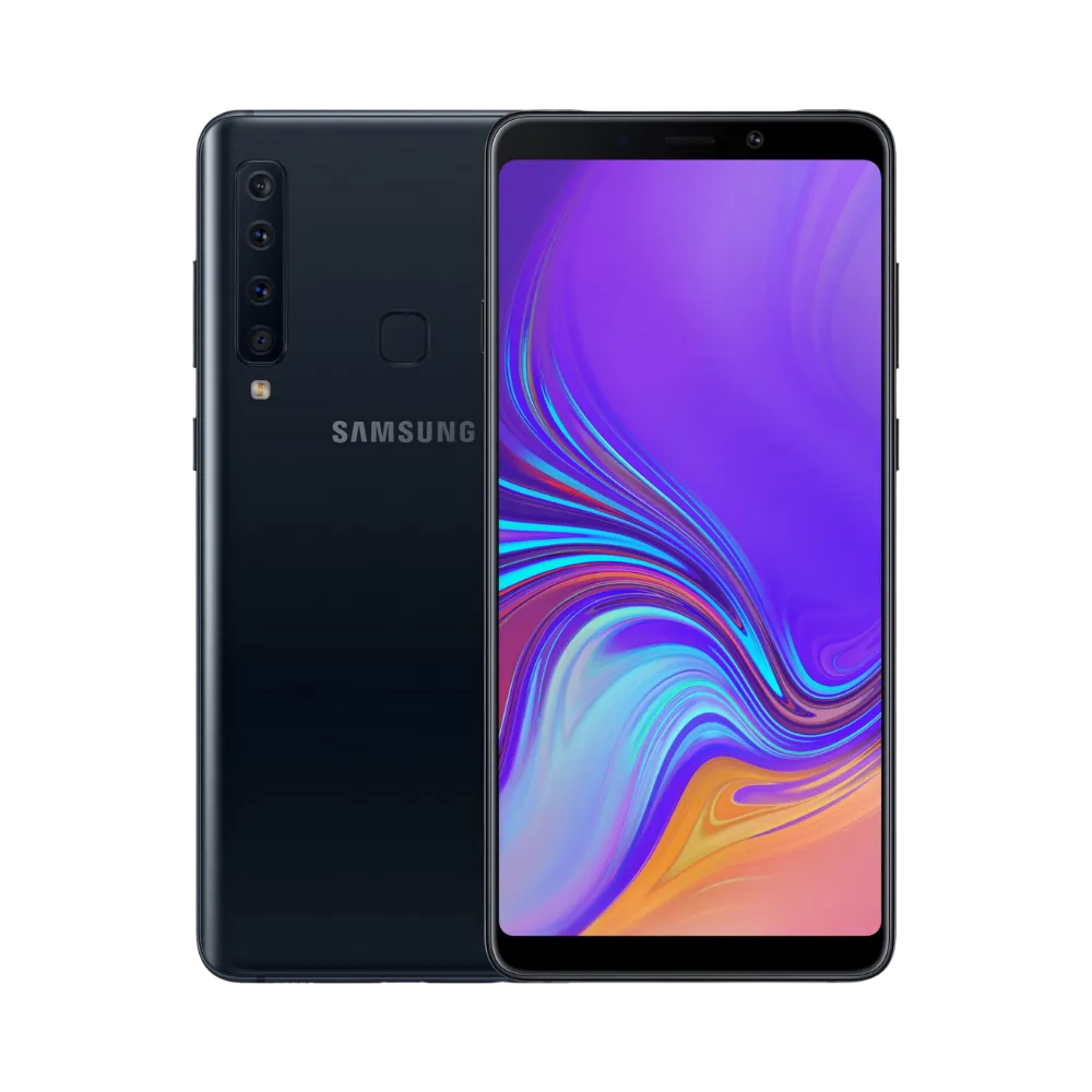 Samsung Galaxy A9 2018 noir vu de face et de dos – réparation écran Super AMOLED, remplacement batterie et vitre arrière avec iTelier Lyon – diagnostic offert, service express, garantie pièces et main-d’œuvre.