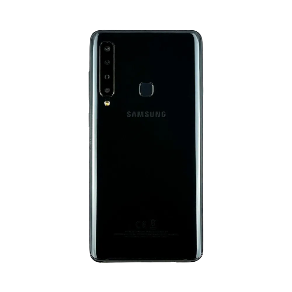Dos noir Samsung Galaxy A9 2018 avec quadruple caméra verticale et capteur d’empreintes – réparation vitre arrière cassée, changement batterie et restauration esthétique par iTelier Lyon – expertise locale, diagnostic gratuit, garantie 1 an.