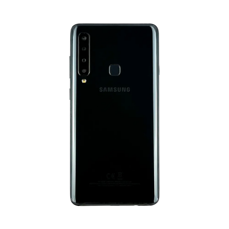 Dos noir Samsung Galaxy A9 2018 avec quadruple caméra verticale et capteur d’empreintes – réparation vitre arrière cassée, changement batterie et restauration esthétique par iTelier Lyon – expertise locale, diagnostic gratuit, garantie 1 an.