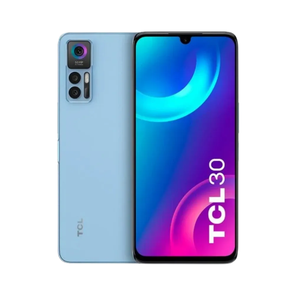 Smartphone TCL 30 bleu avec écran allumé et dos visible. Réparation écran ou batterie chez iTelier à Lyon, Villeurbanne, Caluire ou Saint-Priest.