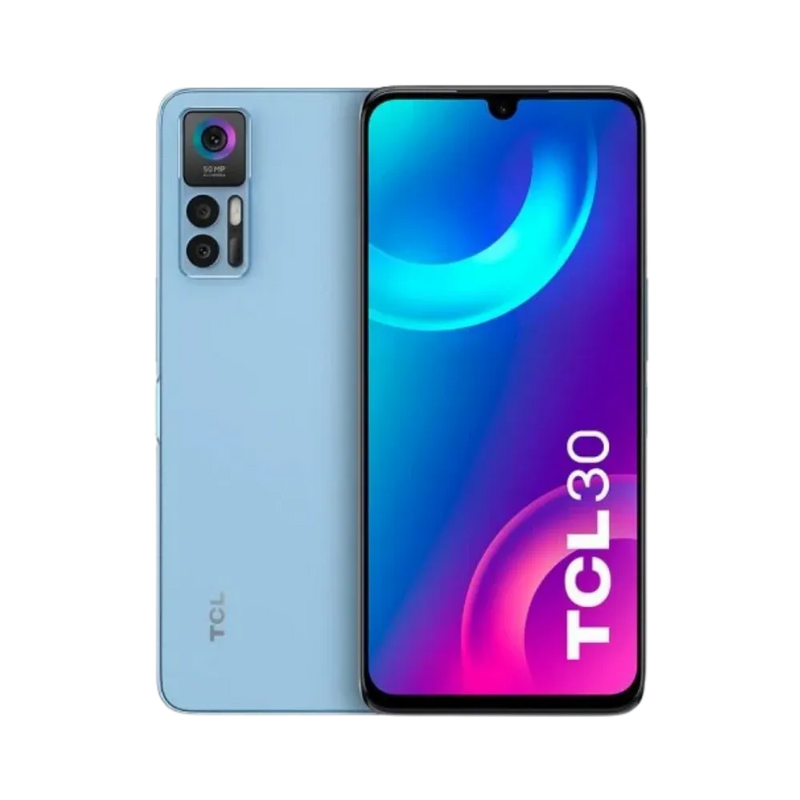 Smartphone TCL 30 bleu avec écran allumé et dos visible. Réparation écran ou batterie chez iTelier à Lyon, Villeurbanne, Caluire ou Saint-Priest.