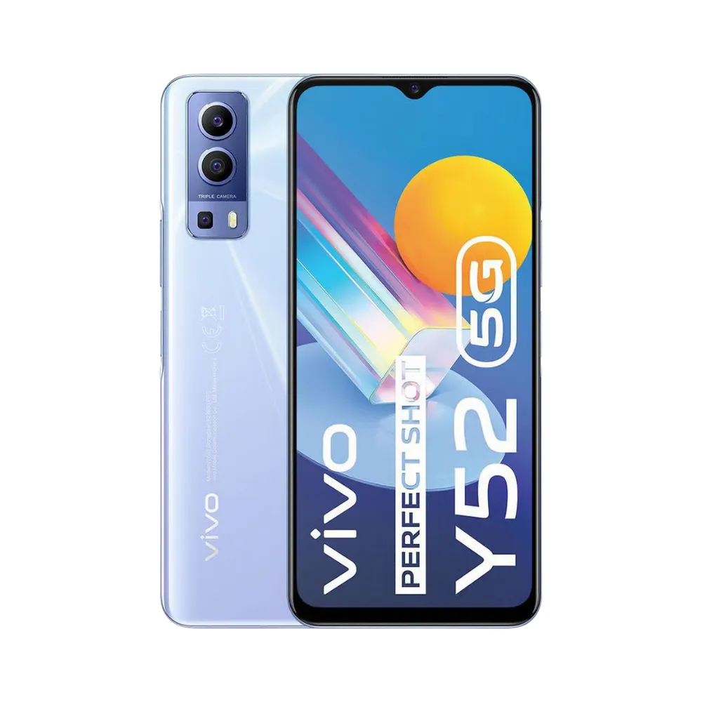 Vivo Y52 5G vu de face et de dos, réparation complète à iTelier Lyon : écran, batterie, connecteur de charge et vitre arrière avec diagnostic gratuit et garantie 1 an.