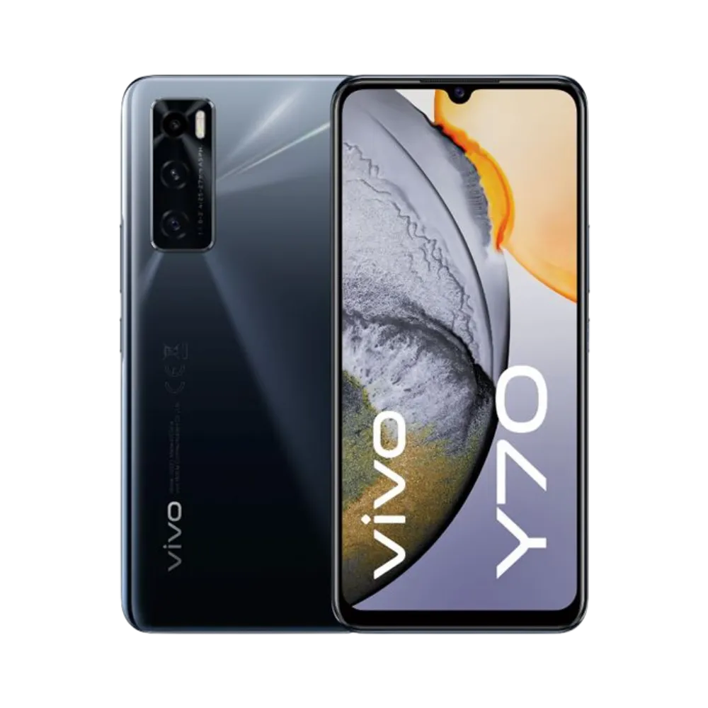 Vivo Y70 vu de face et de dos, réparation complète chez iTelier Lyon : écran AMOLED, batterie, connecteur de charge et vitre arrière avec diagnostic offert et pièces garanties.
