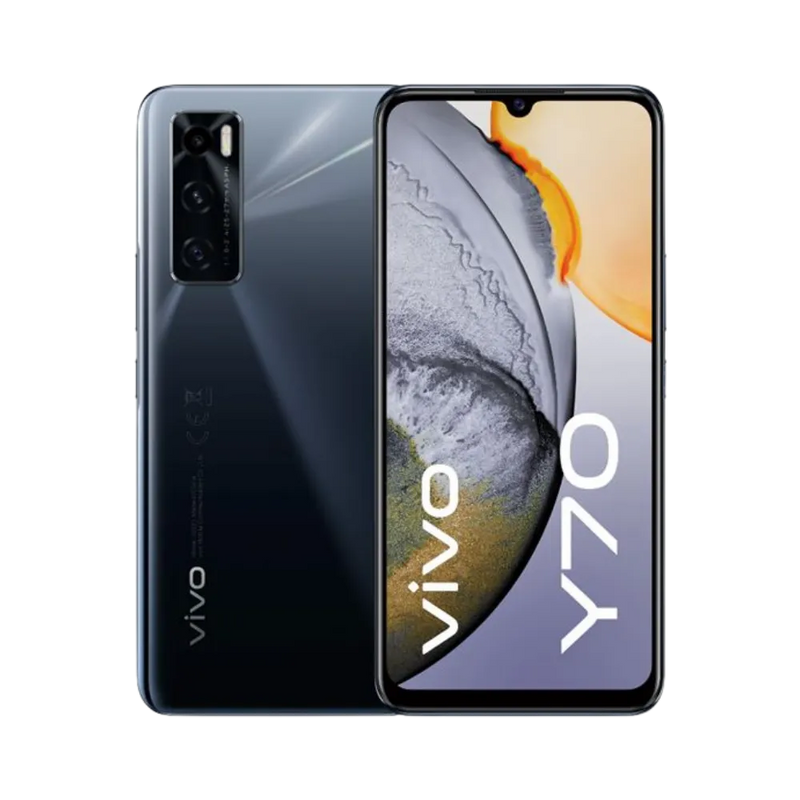 Vivo Y70 vu de face et de dos, réparation complète chez iTelier Lyon : écran AMOLED, batterie, connecteur de charge et vitre arrière avec diagnostic offert et pièces garanties.