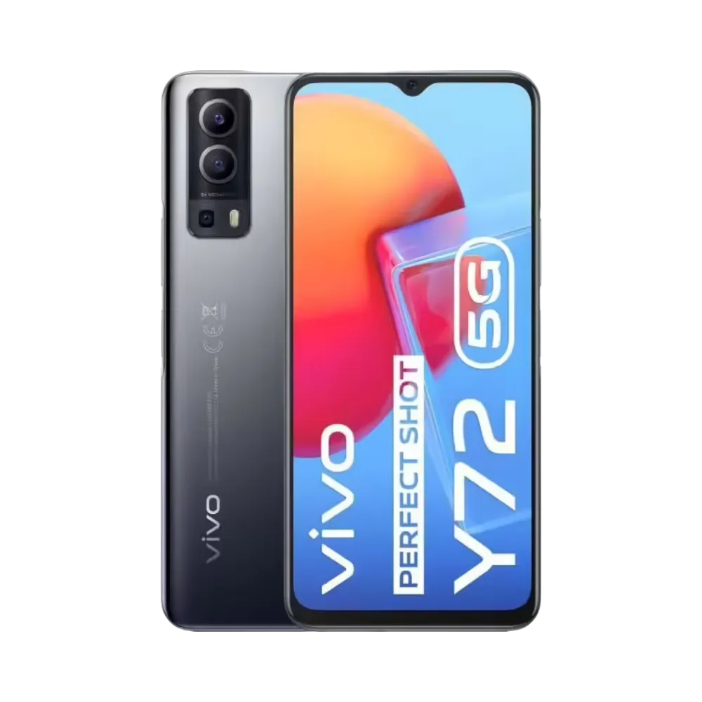 Vivo Y72 5G présenté de face et de dos, disponible à la réparation chez iTelier Lyon : écran LCD, batterie, connecteur de charge et vitre arrière avec pièces garanties et diagnostic gratuit.