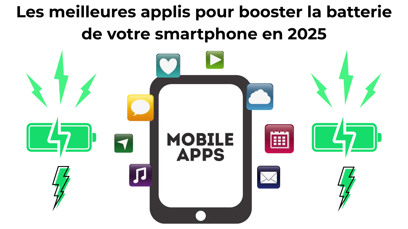 Illustration d’applications mobiles pour booster la batterie et optimiser les performances de smartphone Android et iPhone – iTelier Lyon, expert réparation et conseils autonomie.