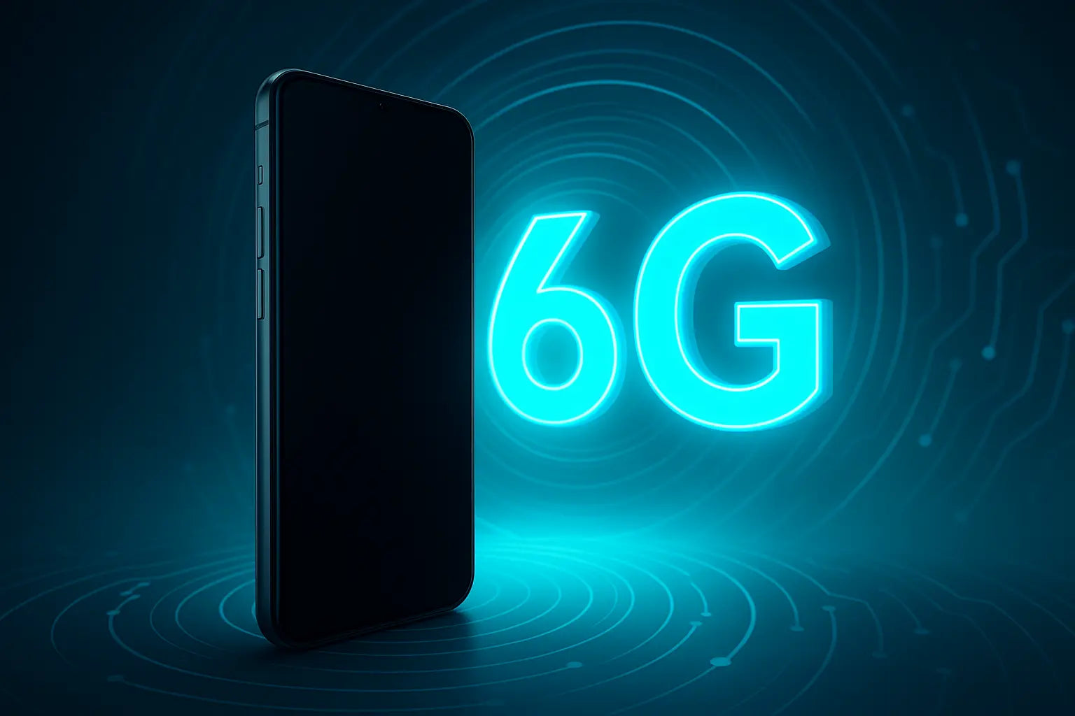 Smartphone moderne avec éclairage futuriste et symbole 6G lumineux, représentant la nouvelle génération de connectivité mobile ultra-rapide, illustration iTelier Lyon.