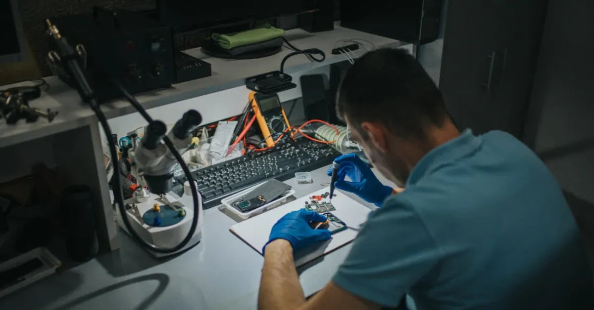 Technicien iTelier à Lyon effectuant la réparation d’un smartphone sur un établi, garantissant un service précis avec pièces d’origine et diagnostic professionnel.