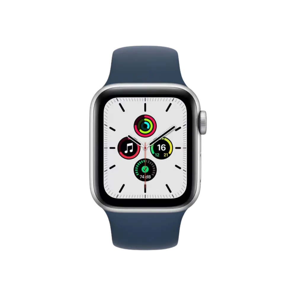 Apple Watch SE (44 mm) vue frontale, fond bleu. Réparations écran, batterie, boutons et cache arrière par iTelier à Lyon, à Meyzieu ou à Rillieux-la-Pape.