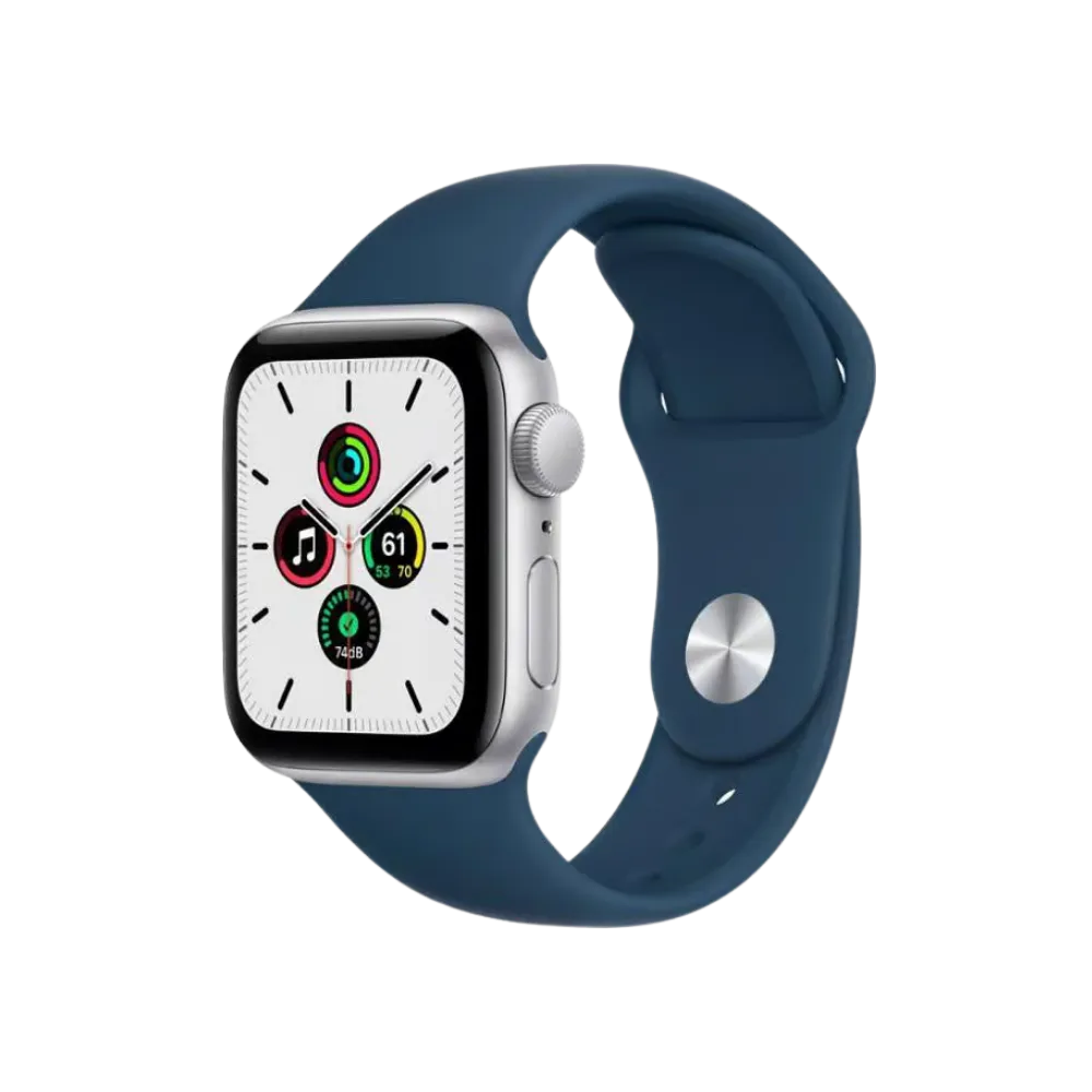 Apple Watch SE 44mm bleue affichant cadran activité. Réparation complète chez iTelier Lyon : écran cassé, batterie faible, bouton bloqué ou cache fissuré – intervention à Bron ou Caluire-et-Cuire.