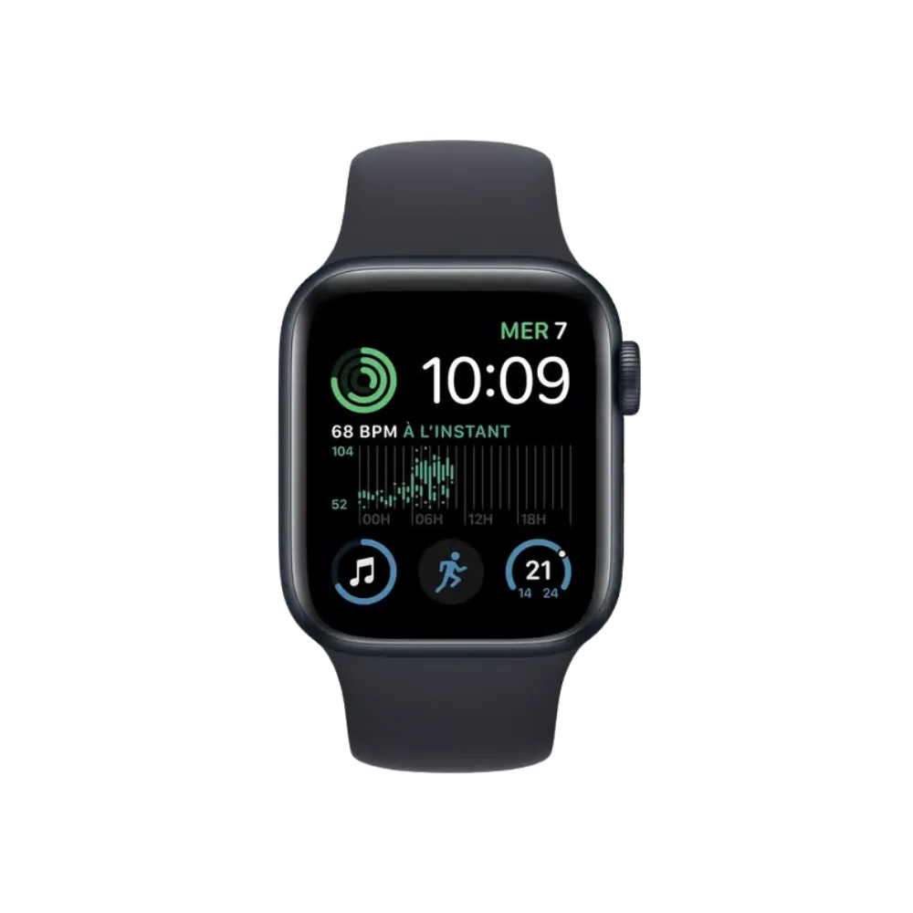 Apple Watch SE2 44mm cadran noir, vue frontale. Réparations par iTelier à Lyon, Caluire-et-Cuire, Neuville-sur-Saône ou Vénissieux.