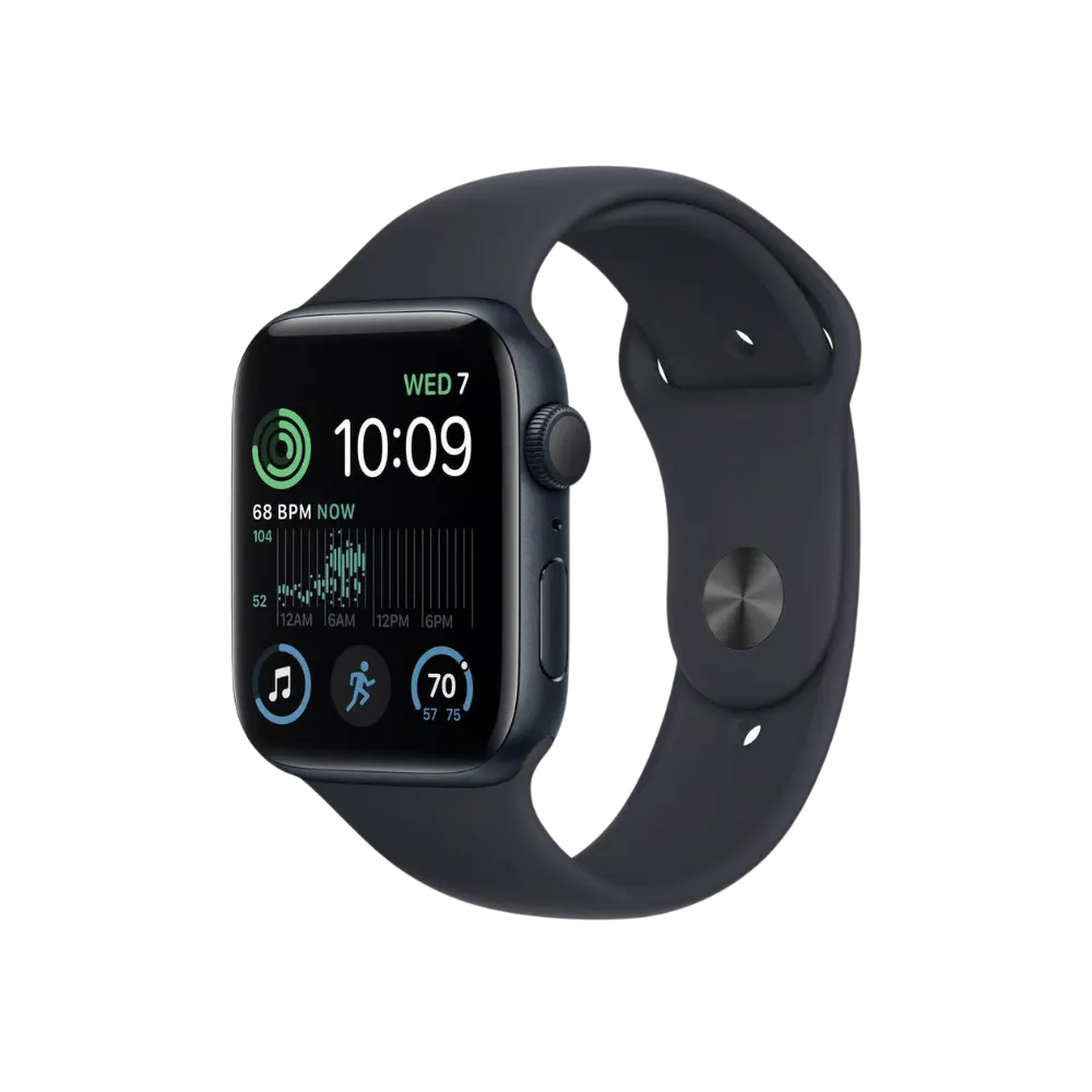 Apple Watch SE 2 (44mm) noire affichant l’heure, vue de trois-quarts. Réparation rapide écran, batterie, boutons ou cache arrière chez iTelier Lyon, à Bron, Francheville ou Grigny.