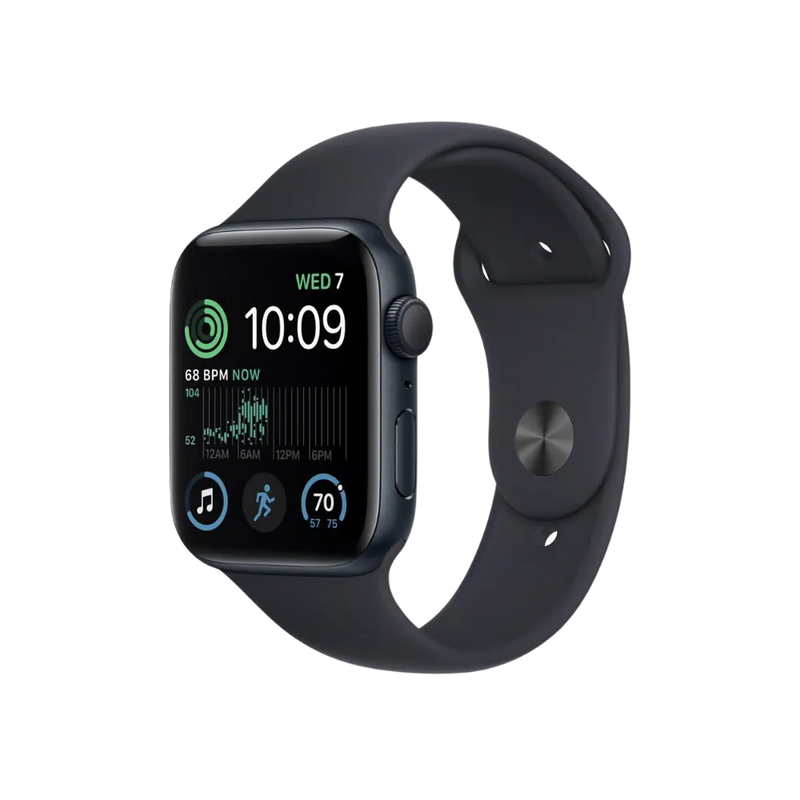 Apple Watch SE 2 (44mm) noire affichant l’heure, vue de trois-quarts. Réparation rapide écran, batterie, boutons ou cache arrière chez iTelier Lyon, à Bron, Francheville ou Grigny.