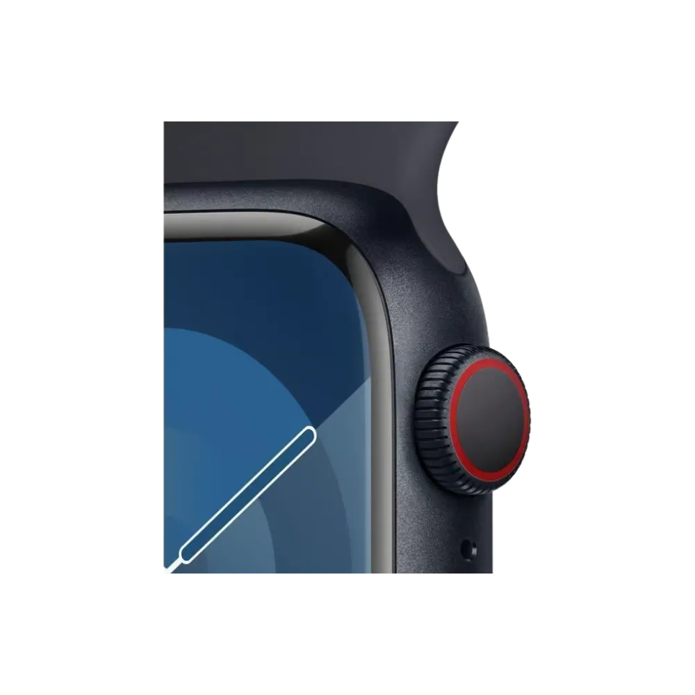 Bouton rouge latéral Apple Watch Série 9 45mm. Réparation complète disponible chez iTelier Lyon, Caluire-et-Cuire, Grigny et Charbonnières-les-Bains – devis gratuit.