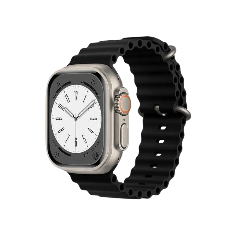 Apple Watch Ultra 2 (49mm) vue de biais avec bracelet noir. Réparation écran, batterie, boutons et cache arrière à Lyon par iTelier, service disponible à Tassin, Vénissieux ou Rillieux.