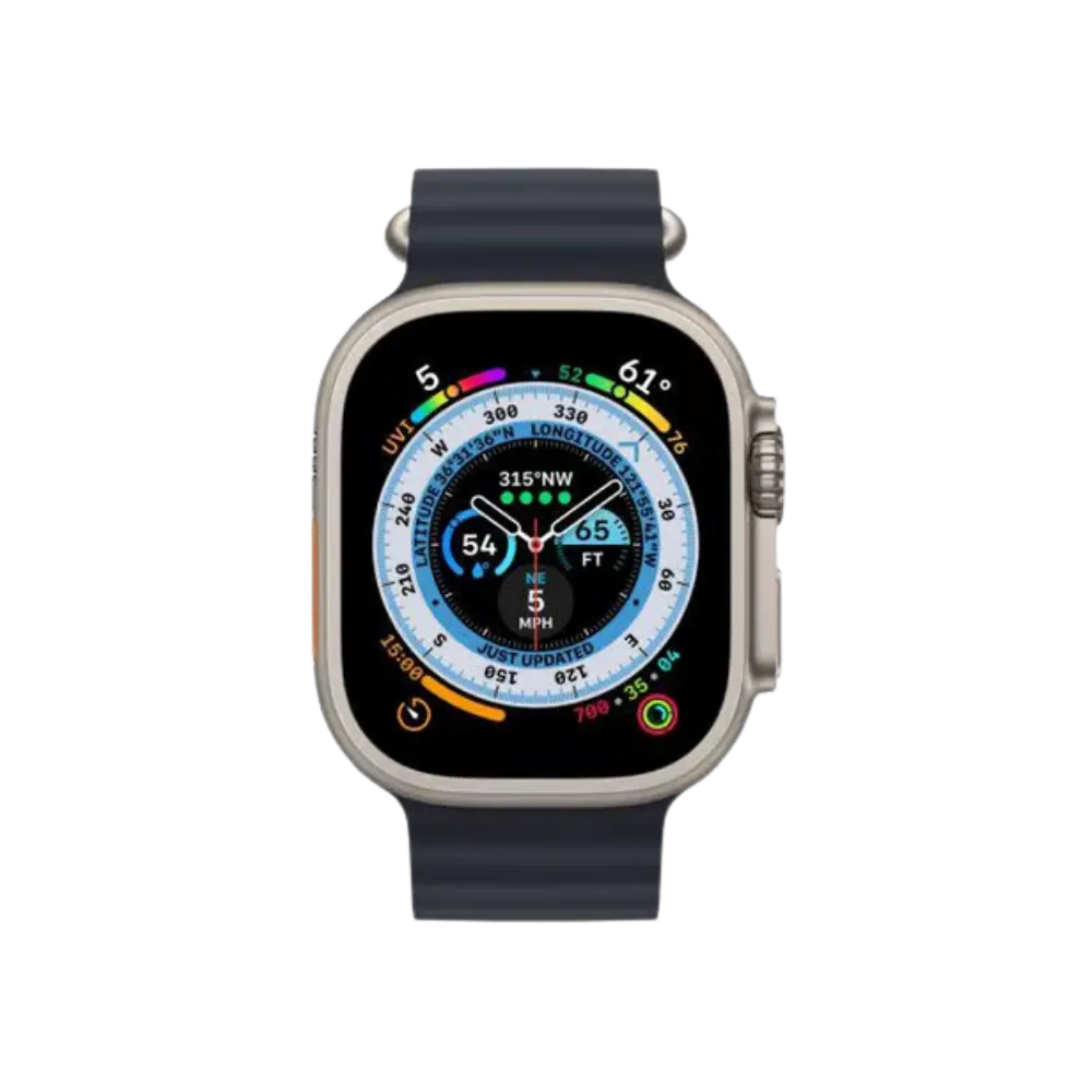 Face avant de l'Apple Watch Ultra 2 avec GPS et cadran allumé. Réparation iTelier à Lyon, Villeurbanne, Écully ou Pierre-Bénite.