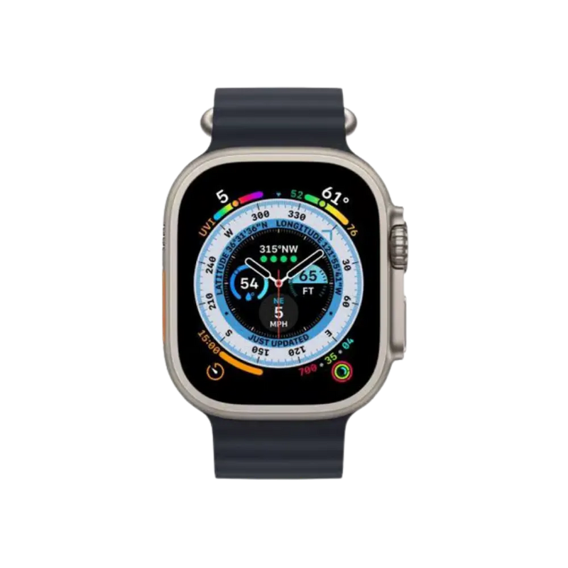 Face avant de l'Apple Watch Ultra 2 avec GPS et cadran allumé. Réparation iTelier à Lyon, Villeurbanne, Écully ou Pierre-Bénite.