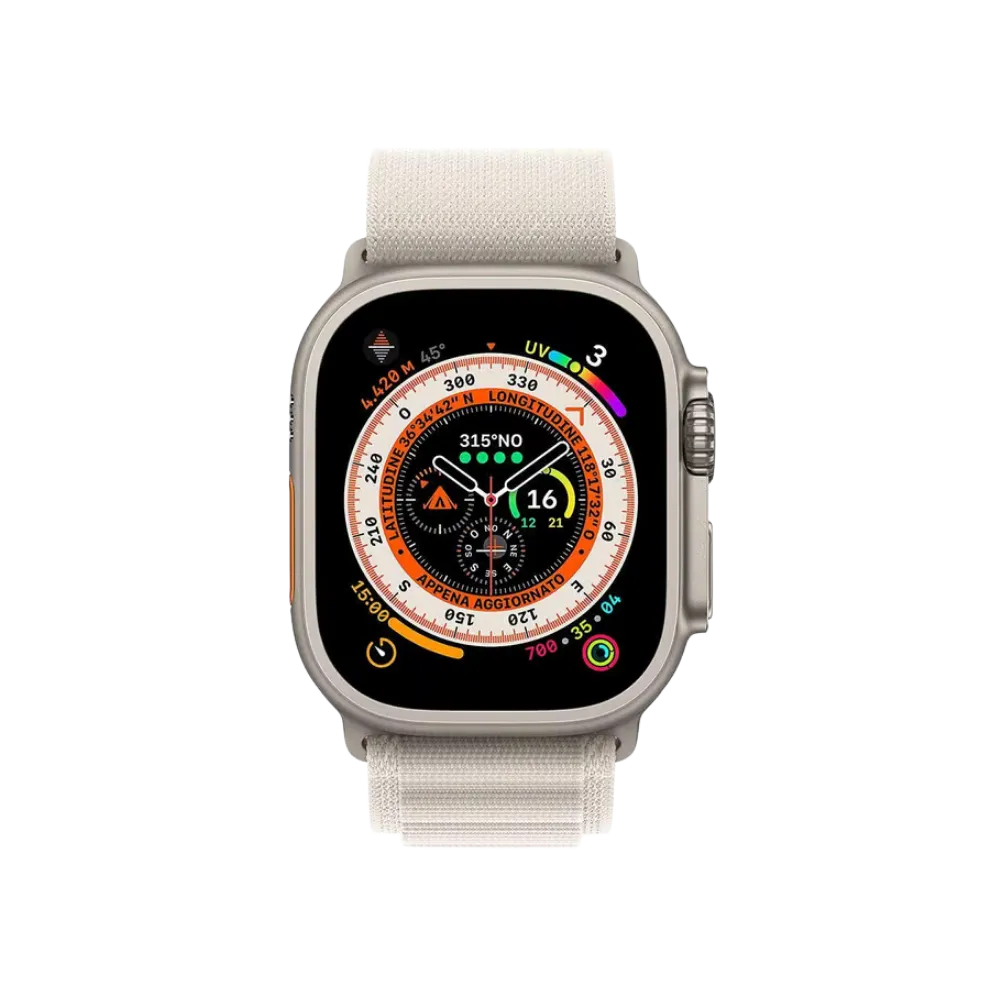 Apple Watch Ultra cadran orange allumé, vue de face. Réparation garantie à Lyon chez iTelier, disponible à Dardilly, Saint-Priest ou Sathonay-Village.