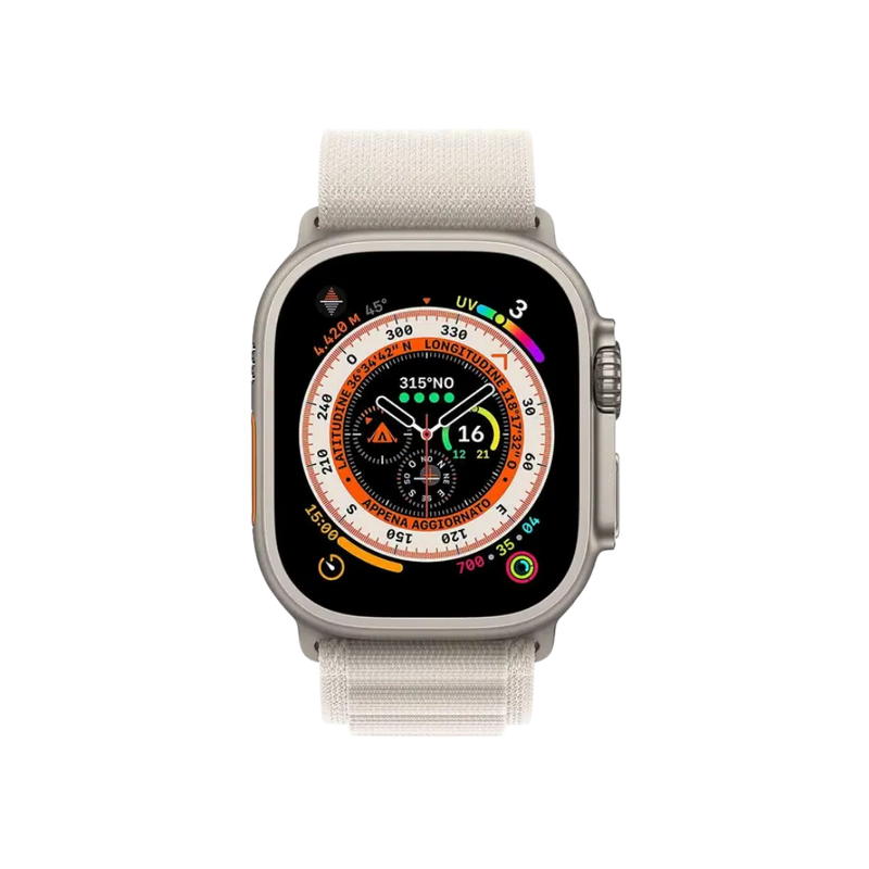 Apple Watch Ultra cadran orange allumé, vue de face. Réparation garantie à Lyon chez iTelier, disponible à Dardilly, Saint-Priest ou Sathonay-Village.