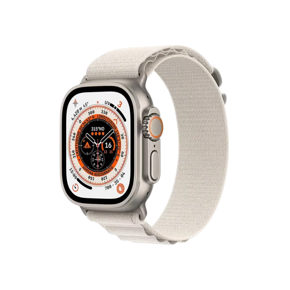 Apple Watch Ultra (49mm) avec bracelet beige, vue inclinée. Réparation écran, batterie, boutons et cache arrière assurée par iTelier à Lyon, Oullins, Vaulx-en-Velin ou Craponne.