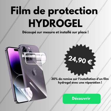 Visuel mobile iTelier présentant un film de protection hydrogel pour smartphone, découpé sur mesure et installé sur place, à partir de 24,90 €, avec 30 % de remise lors d’une réparation.