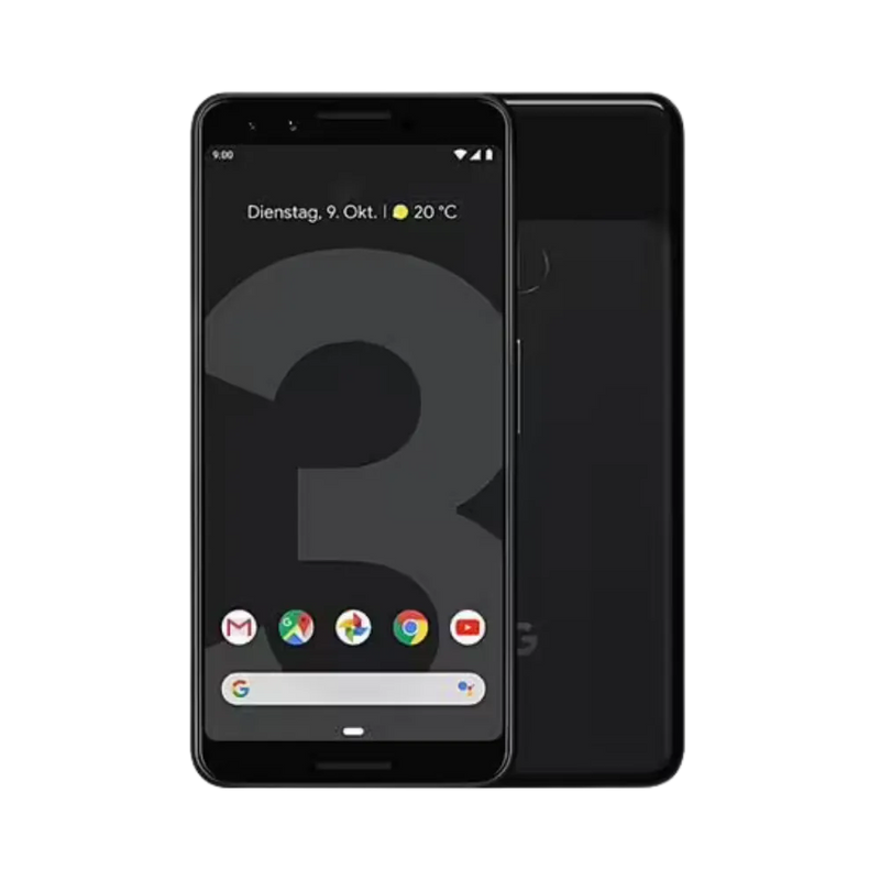Google Pixel 3 noir affiché de face et dos. Réparation écran cassé, batterie faible, coque arrière ou caméra chez iTelier Lyon. Service express, pièces garanties 12 mois.