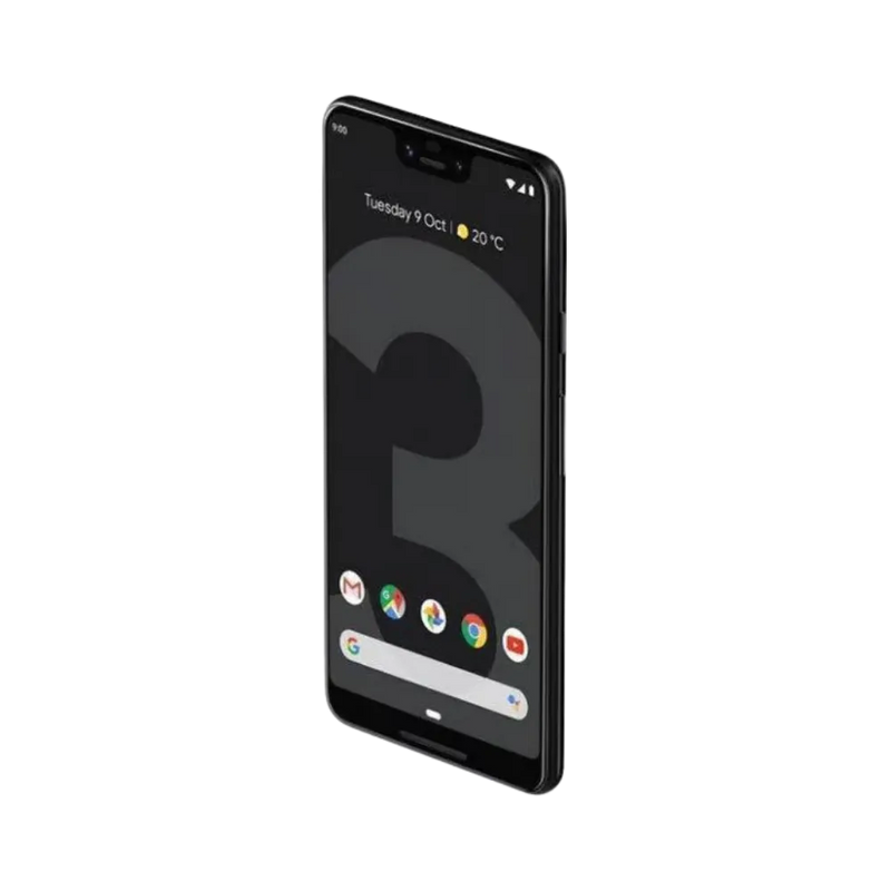 Vue du Pixel 3 XL en angle 3/4 avant. Réparation complète : écran fissuré, batterie, port USB-C ou bouton latéral. iTelier Lyon prend en charge toutes les pannes Pixel.
