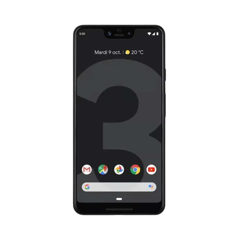 Pixel 3 XL avec écran allumé et fond sombre. Réparation écran OLED, tactile HS ou dalle noire chez iTelier Lyon. Service express avec pièces d’origine et garantie 12 mois.