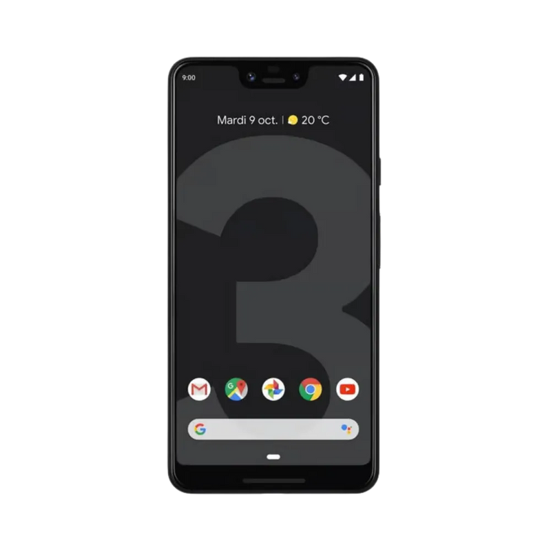 Pixel 3 XL avec écran allumé et fond sombre. Réparation écran OLED, tactile HS ou dalle noire chez iTelier Lyon. Service express avec pièces d’origine et garantie 12 mois.