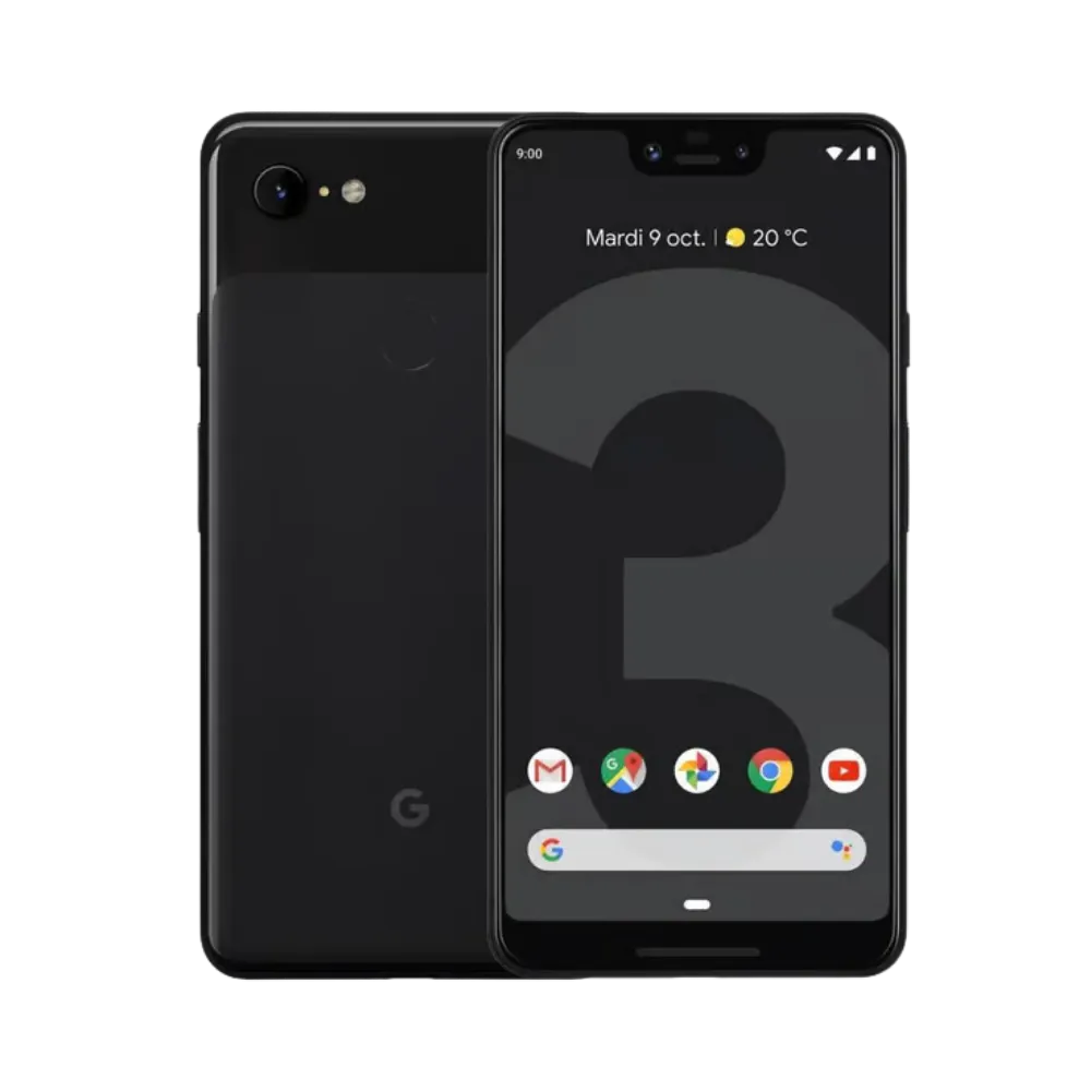 Google Pixel 3 XL noir, affiché de face et dos. Réparation rapide chez iTelier Lyon : écran cassé, batterie défectueuse, vitre arrière ou caméra. Diagnostic gratuit, pièces garanties.