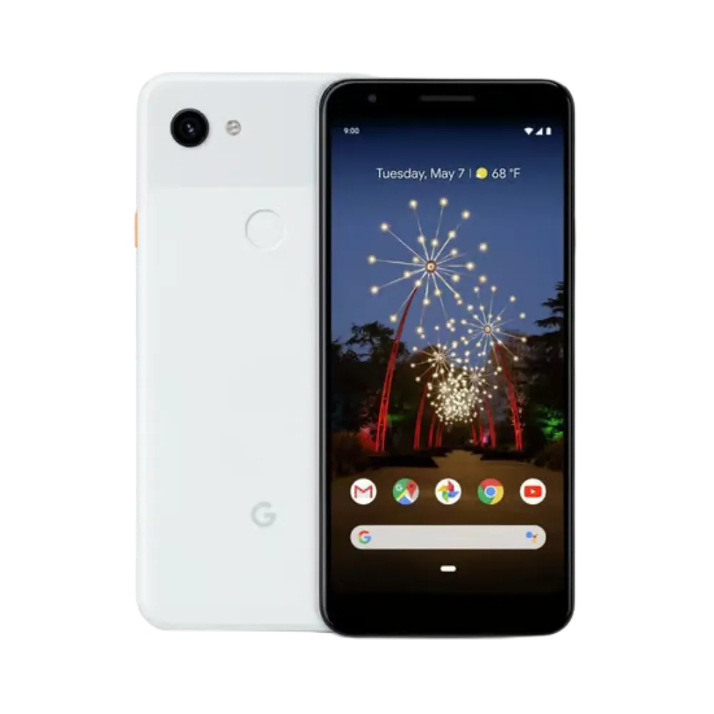 Google Pixel 3a blanc, affiché de face et dos. Réparation écran fissuré, batterie faible, coque arrière ou caméra chez iTelier Lyon. Diagnostic gratuit, service rapide et garanti.
