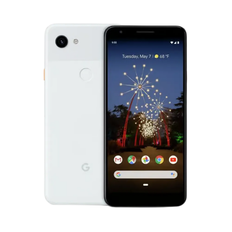 Google Pixel 3a blanc, affiché de face et dos. Réparation écran fissuré, batterie faible, coque arrière ou caméra chez iTelier Lyon. Diagnostic gratuit, service rapide et garanti.