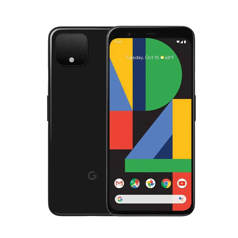 Google Pixel 4 noir affiché de face et dos. Réparation écran OLED, batterie faible, caméra abîmée ou coque arrière chez iTelier Lyon. Prise en charge rapide avec garantie 12 mois.