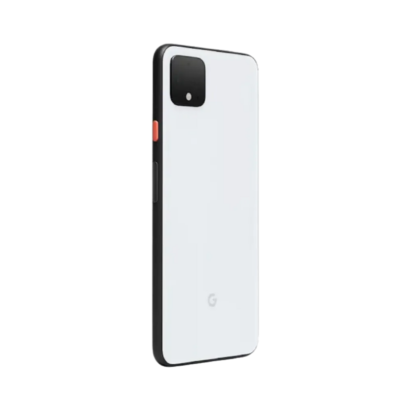 Vue en angle 3/4 du Pixel 4 XL blanc. Réparation écran, batterie, bouton ou châssis endommagé. iTelier Lyon assure un service fiable, rapide et garanti.