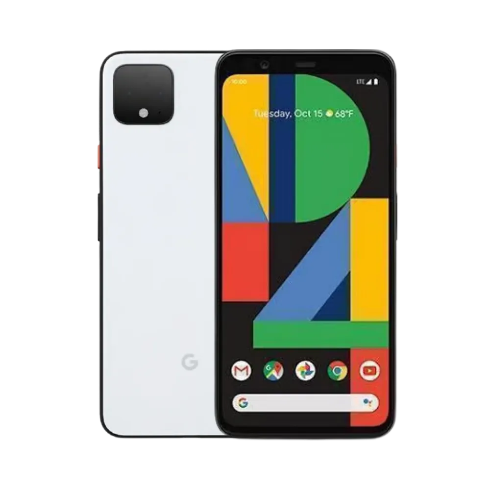 Google Pixel 4 XL blanc, affiché de face et de dos. Réparation écran OLED, batterie faible, caméra ou coque chez iTelier Lyon. Prise en charge rapide, pièces garanties 12 mois.