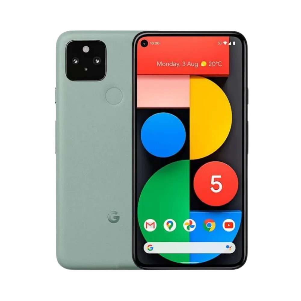 Google Pixel 5 vert sauge, affiché de face et dos. Réparation écran cassé, batterie faible ou appareil photo abîmé chez iTelier Lyon. Service rapide et garanti 12 mois.